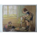 Loose Art Deco Watercolour Childrens Illustration of Girl Washing in Front of Dolls Initialed M