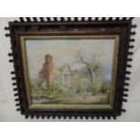 Victorian Pugin Style Oak Framed & Glazed Cottage Scene Watercolour Signed E Hay