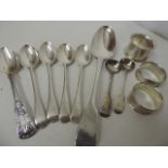 Silver Serving Spoon & Set of Four Spoon & King Pattern, Mustard Spoons & Napkin Rings