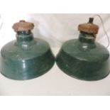 Pair of Mid 20th Century 16.5" in Diameter Green Enamel Industrial Hanging Lamp Shades with White