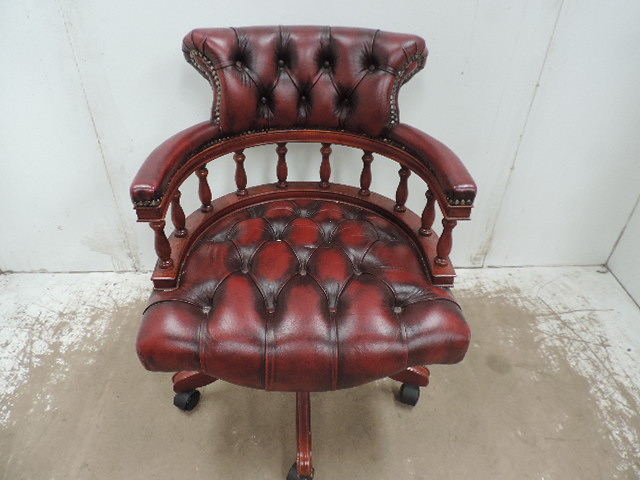 Reproduction Deep Button Oxblood Leather Upholstered Captain's Chair on Tripod Base