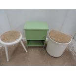 Cork Topped Linen Bin & Stool & Green Painted Cabinet