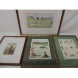 Framed & Glazed Golfing Print & Two Cartoons & One Other