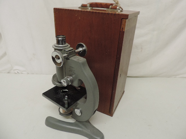 Desk Top Microscope with Mahogany Case & Box of Slides