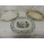 Three Large Victorian Transfer Print Meat Dishes with Gravy Tray