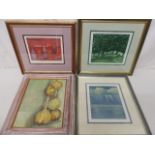 Three Framed & Glazed Coloured Prints & Small Oil of Onions