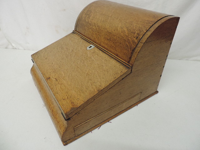 Victorian Pale Oak Roll Barrel Top Writing Box with Tooled Leather Slope