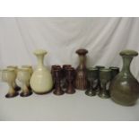 Three Iden Pottery Decanters & Three sets of Four Goblets