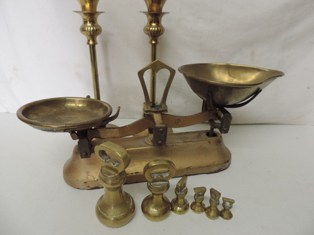 Set of Victorian Kitchen Scales with Weights & Pair of Brass Candle Sticks