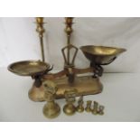 Set of Victorian Kitchen Scales with Weights & Pair of Brass Candle Sticks