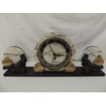 Continental Art Deco Circular Marble Clock Garniture Set with Bronze Bird Figures