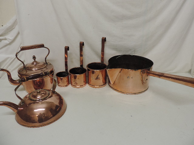 Victorian Copper Saucepan with Rourer & Set of Three Milk Measures & Ships Kettle & One Other