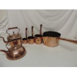 Victorian Copper Saucepan with Rourer & Set of Three Milk Measures & Ships Kettle & One Other