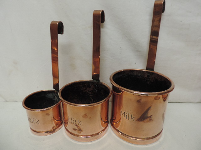 Victorian Copper Saucepan with Rourer & Set of Three Milk Measures & Ships Kettle & One Other - Image 2 of 3