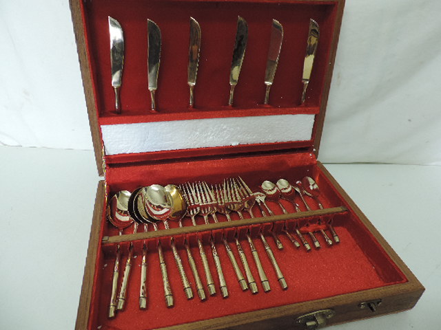 Boxed Cased Set of Bronze Bamboo Design Cutlery