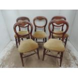 Set of Five Victorian Elm Balloon Back Dining Chairs with Padded Seats