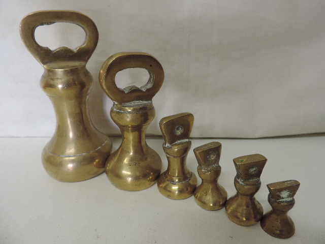 Set of Victorian Kitchen Scales with Weights & Pair of Brass Candle Sticks - Image 2 of 3