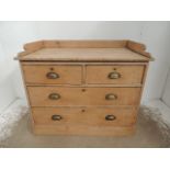 Antique Stripped Pine Two Over Two Drawer Chest with Brass Cup Handles & Back Rail