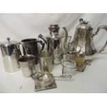 Silver Plate Tea Pot, Deco Picnic Coffee Pot, Mug Beakers, Cruet & Strainer