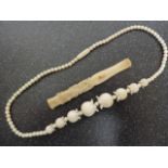 Antique Oriental Ivory Carved Bead Necklace with Eight Graduated Carved Lotus Buds & Ivory Cigaret