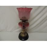 Victorian Cranberry Reservoir Base & Brass Oil Lamp & Cranberry Shade