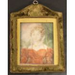 AN 18TH CENTURY PORTRAIT MINIATURE watercolours on ivory panel, depicting a lady in red dress, in
