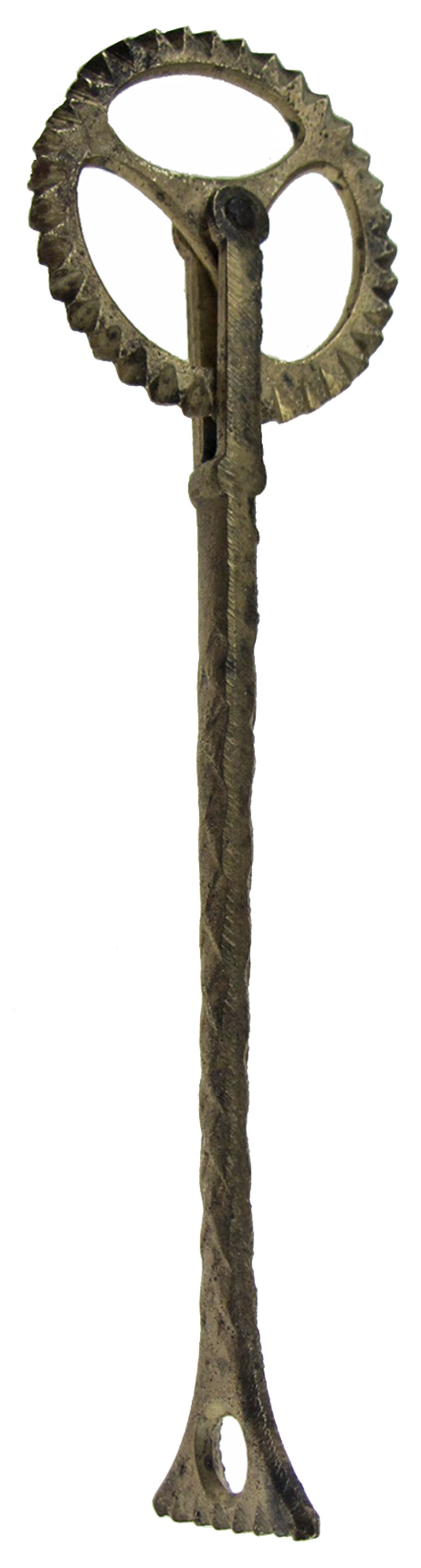 A 19TH CENTURY CAST COPPER-ALLOY PASTRY JIGGER with three-spoked wheel, the stem cast with formal