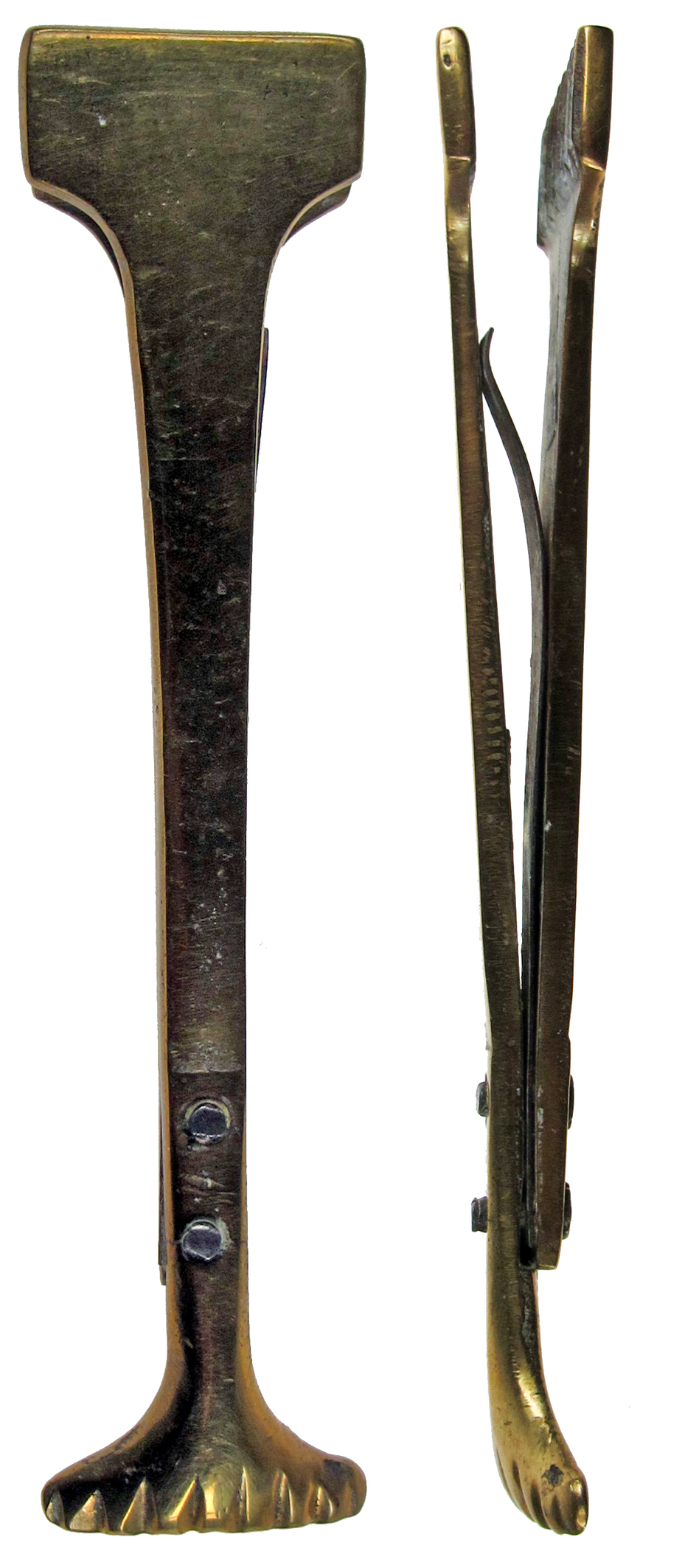 A 19TH CENTURY BRASS PASTRY JIGGER having an arced cutter to one end and crimpers to the other, with