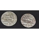 TWO SYRACUSAN DECADRACHM COINS copies of the famous ancient coin.  3.5cm(d) 19grams & 22grams