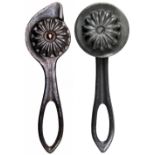 TWO 20TH CENTURY CAST ALUMINIUM PASTRY JIGGERS/CRIMPERS, 120mm and 12.8cm long. (2) CONDITION: