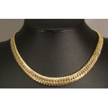 A 9CT GOLD CHAIN with multiple graduating shaped linear links finishing with a dog clasp, marked