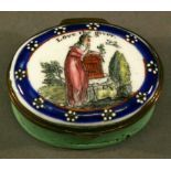 A LATE 18TH CENTURY BILSTON ENAMEL PATCH BOX of hinged circular form, decorated with a young girl