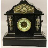 A LARGE 19TH CENTURY BLACK MARBLE MANTEL CLOCK of shaped architectural form with applied brass