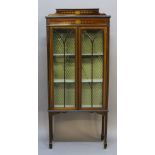 AN EDWARDIAN MAHOGANY DISPLAY CABINET having a shaped, raised back, slender frieze with conforming