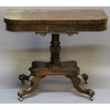 A VICTORIAN MAHOGANY PEDESTAL FOLD-OVER TEA TABLE having a hinged rectangular top with rounded front