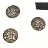 THREE EDWARDIAN SILVER BUTTONS of circular form embossed with foliate decoration, marks for