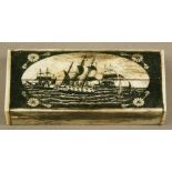 AN 18TH CENTURY STYLE SCRIMSHAW BOX of hinged rectangular form, the top engraved and stained with