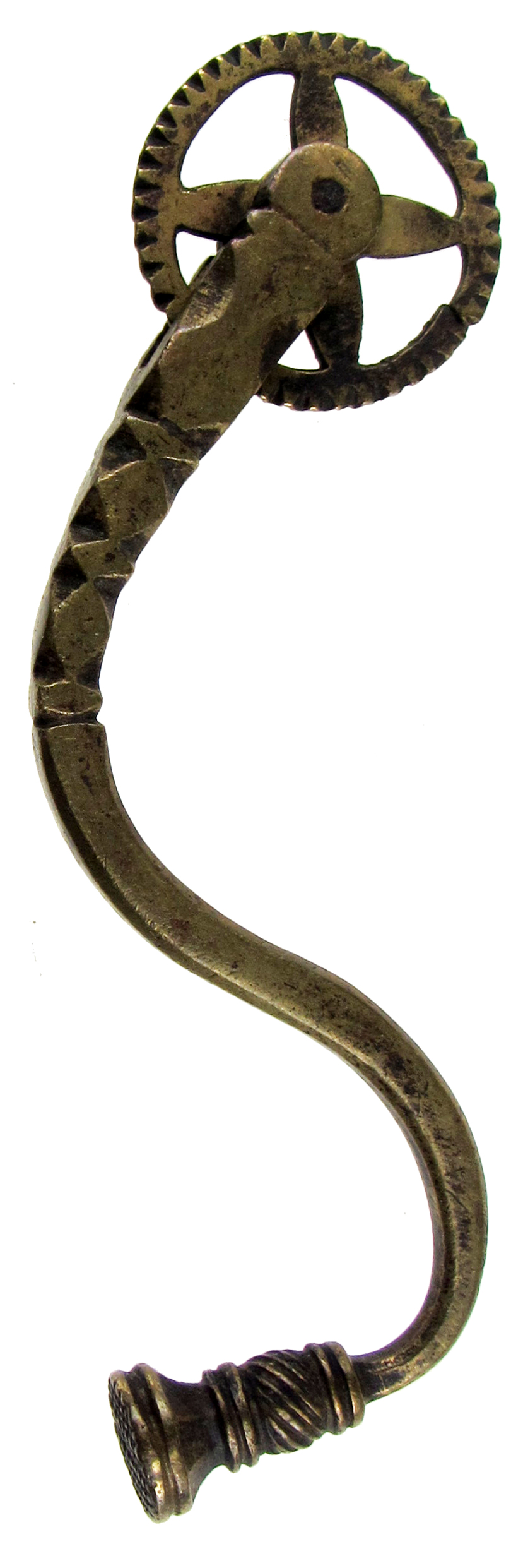 A 19TH CENTURY BRASS PASTRY JIGGER of curved form, with four-spoked wheel and hatched circular