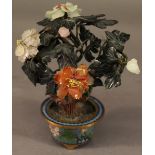 A CHINESE CLOISONNE BOWL having flower and leaf arrangement of various hard stones. 18cm(h)