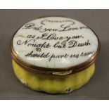 A 19TH CENTURY BILSTON ENAMEL PATCH BOX of hinged oval form, the domed cover with inscription and