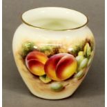 A SMALL ROYAL WORCESTER PORCELAIN HAND-DECORATED VASE of tapering ovoid form, decorated with fruit