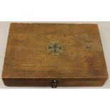 AN OAK IRON CROSS MOUNTED BOX  CONDITION: Overall good, some of interior fittings absent,