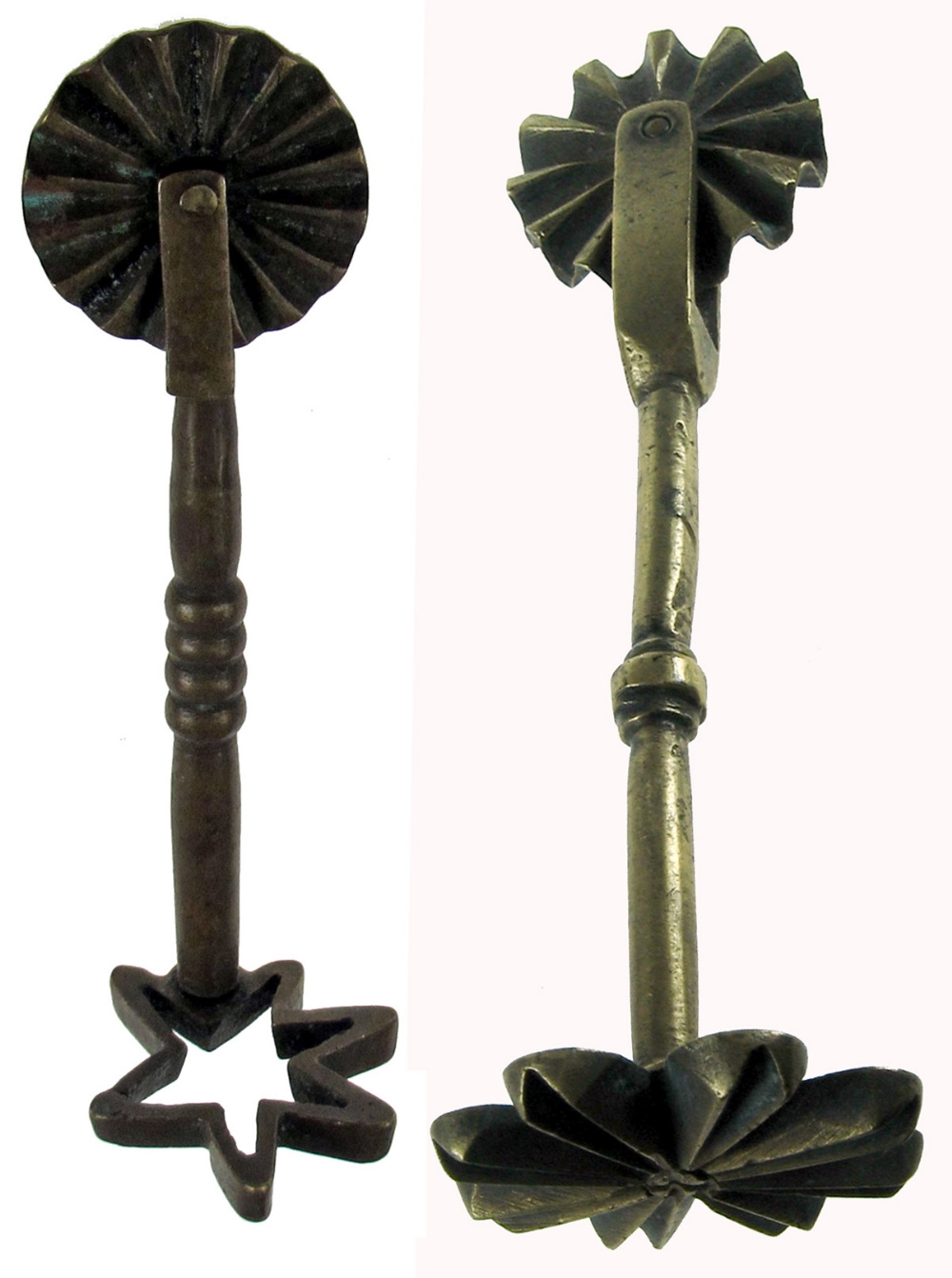 TWO 19TH/EARLY 20THCENTURY BRASS PASTRY JIGGERS, each with wheel, one having a six-pointed star-