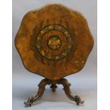 A 19TH CENTURY MARQUETRY-INLAID WALNUT SNAP-TOP STEM TABLE having a moulded and lobed circular top
