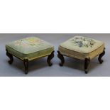 A PAIR OF VICTORIAN NEEDLEWORK FOOTSTOOLS having square padded tops with foliate designs supported