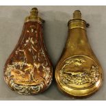 TWO 19TH CENTURY POWDER FLASKS one brass and copper, the other brass, of typical form each with
