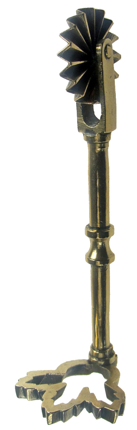 A 19TH CENTURY BRASS PASTRY JIGGER with wheel and thistle-form cutter, 10.8cm long CONDITION: