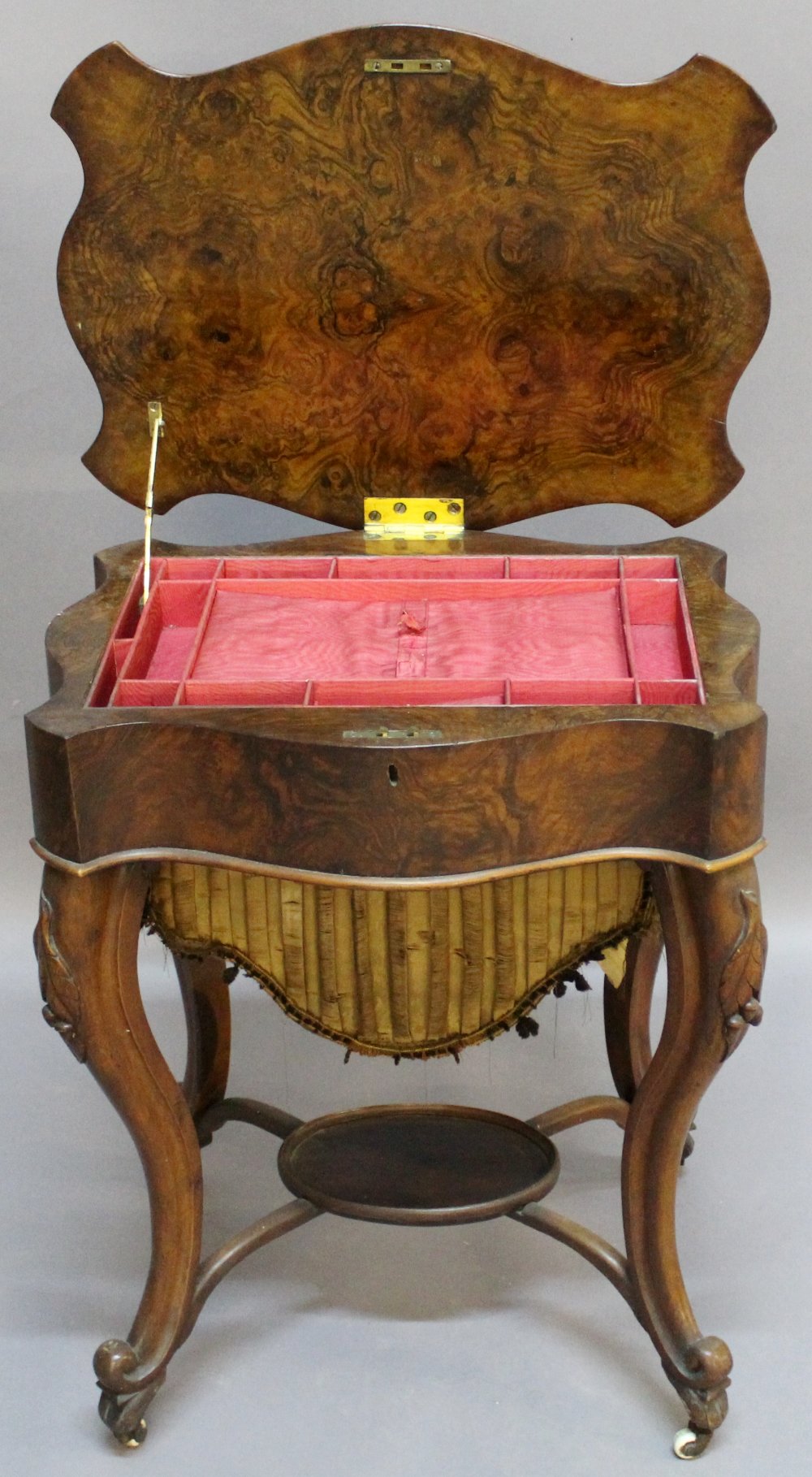 A VICTORIAN WALNUT WORK TABLE of serpentine rectangular form having a hinged quarter veneered top, - Image 2 of 2