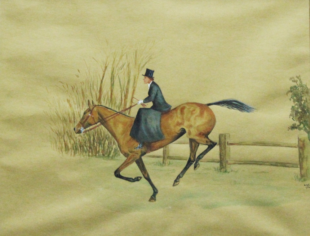 A PAIR OF HUNTING SCENE WATERCOLOURS depicting horses and riders, signed with monogram WGS and dated - Image 2 of 2