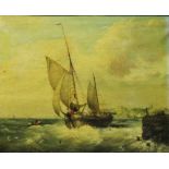 A 19TH CENTURY ENGLISH SCHOOL OIL ON CANVAS depicting sailing vessels leaving a harbour, unsigned,